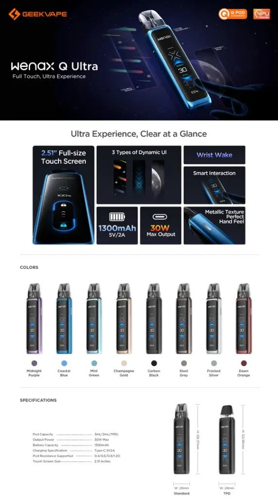 GeekVape Wenax Q Ultra 1300mAh Pod System Starter Kit With 2 x 3ML Refillable Q Cartridge (MSRP $39.99)