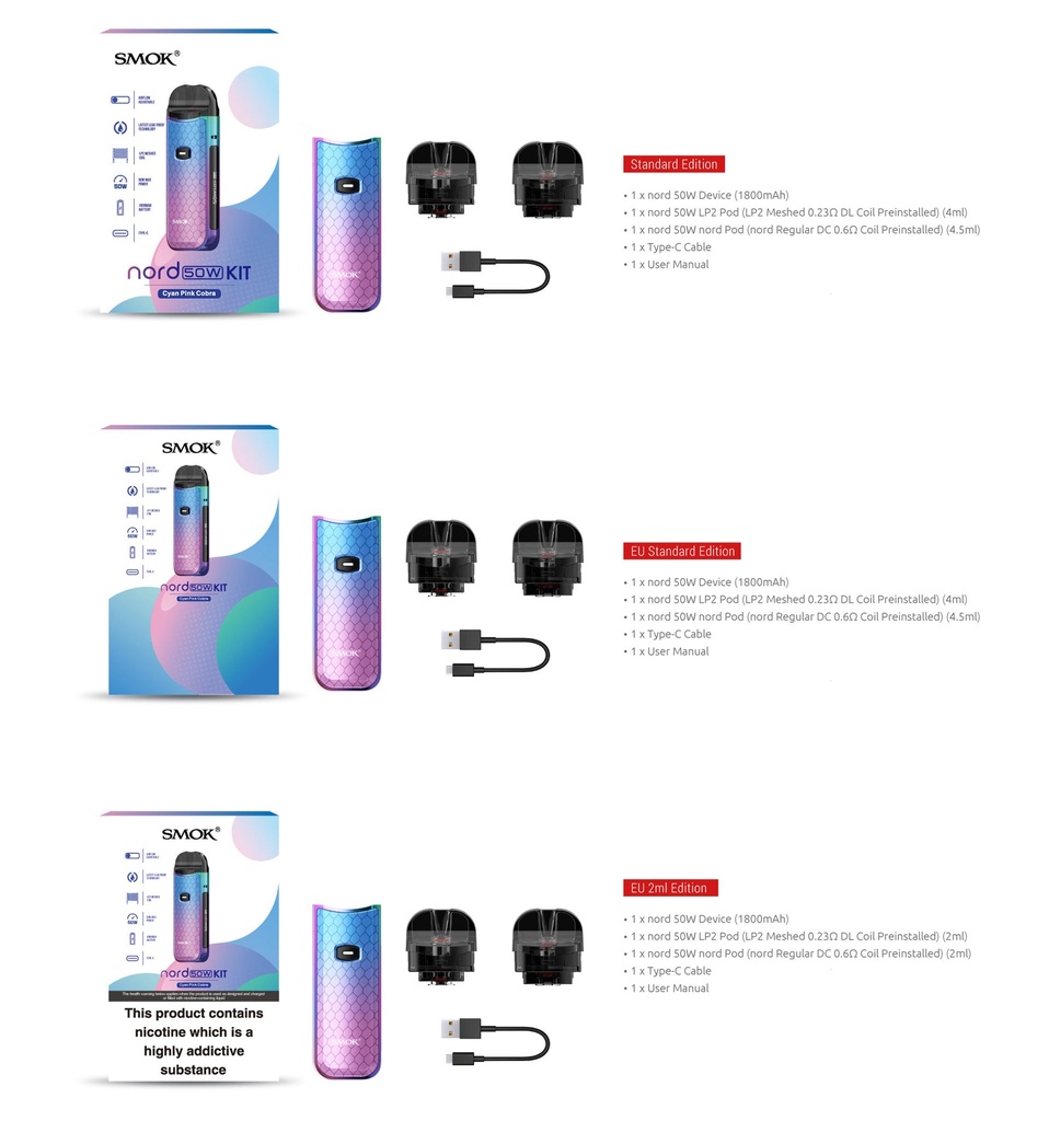 SMOK Nord 50W 1800mAh Pod System Starter Kit With 4.5ML & 4ML Pods (MSRP $50.00)