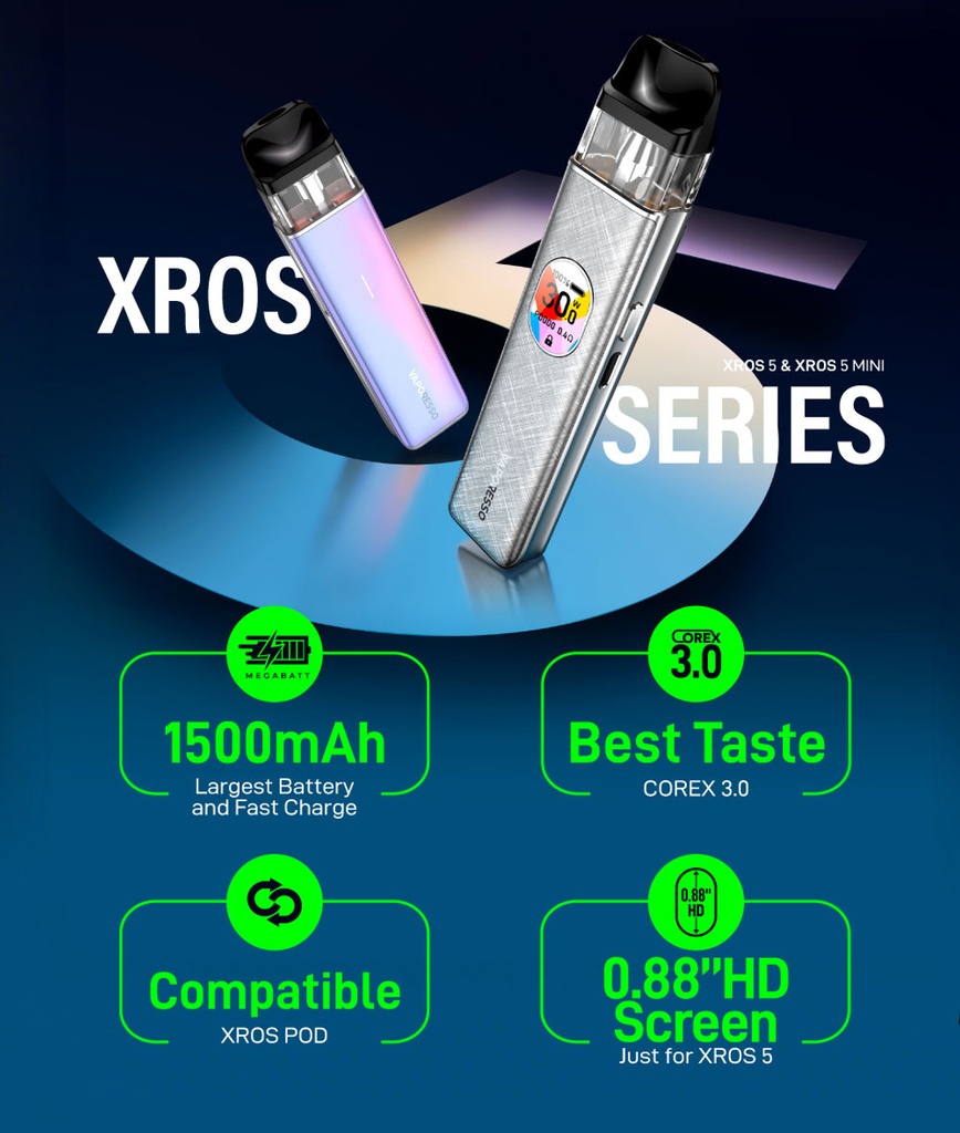 Vaporesso XROS 5 1500mAh Pod System Starter Kit With 2 x 3ML XROS Series Mesh Pod (MSRP $35.00) 