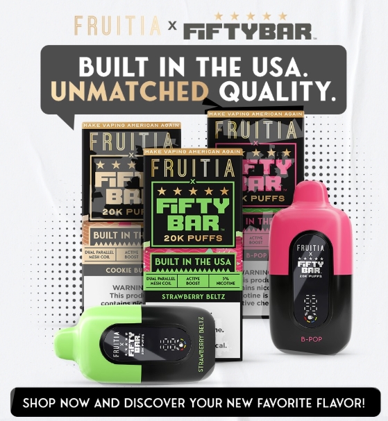 Fruitia x Fifty Bar 18ML 20K Puffs Disposable Device With Always Active Boost & Adjustable Airflow - Display of 5