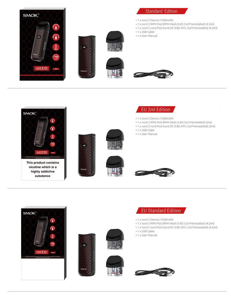 SMOK Nord 2 1500mAh Pod System Starter Kit With 2 x 4.5ML Refillable Pods (MSRP $45.00)