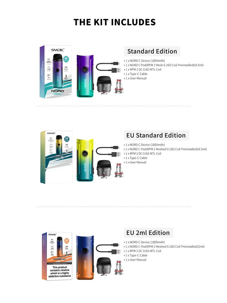 SMOK Nord C 1800mAh Pod System Starter Kit With 4.5ML Refillable Pod (MSRP $30.00)