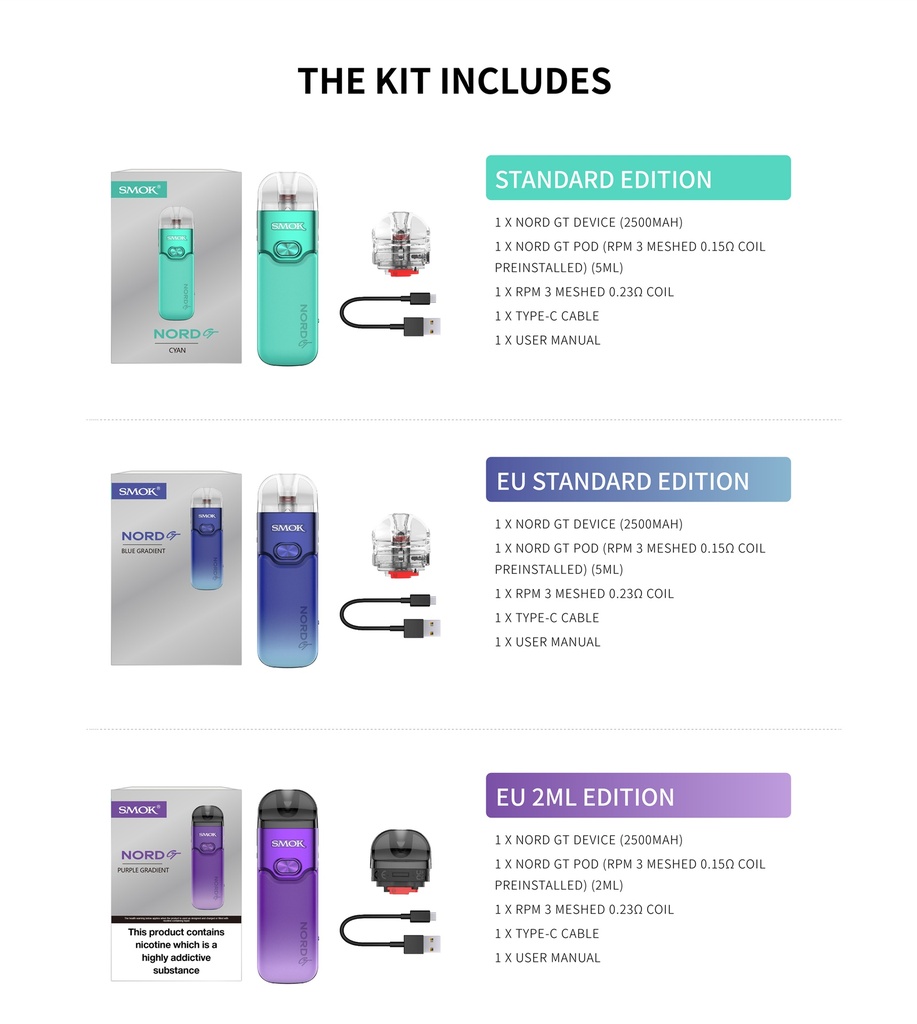 SMOK Nord GT 2500mAh Pod System Starter Kit With 5ML Refillable Pod (MSRP $45.00)
