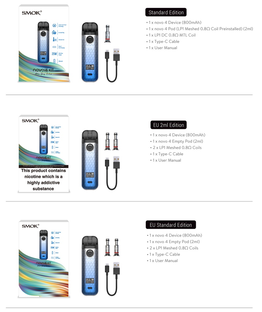 SMOK Novo 4 800mAh Pod System Starter Kit With Refillable 2ML Pod (MSRP $39.99) 