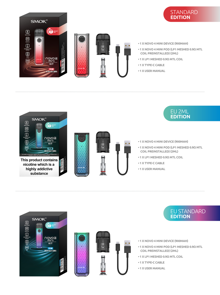 SMOK Novo 4 Mini 900mAh Pod System Starter Kit With Refillable 2ML Pod (MSRP $35.00)