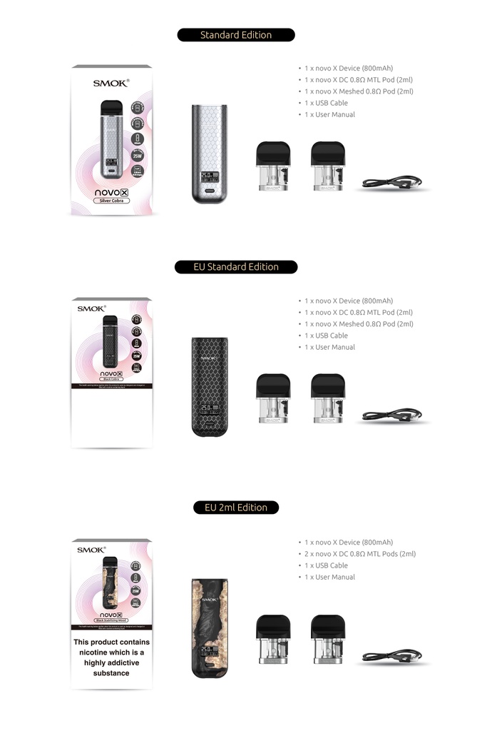 SMOK Novo X 800mAh Pod System Starter Kit With 2 x 2ML Refillable Pod (MSRP $40.00)